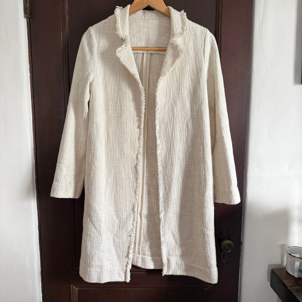 STELLA FOREST | White Cotton Tweed Open Front Mid Length Coat | Small